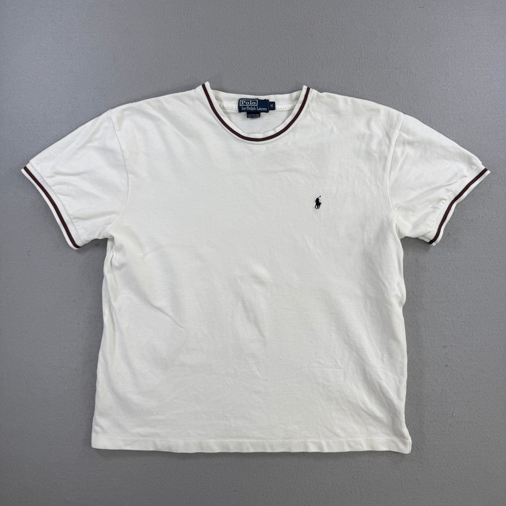 Vtg Polo Ralph Lauren T-Shirt Men Medium White Ringer Tee Pique Knit Crew Preppy